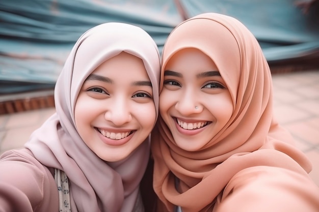 Dos mujeres jóvenes sonrientes con hijab