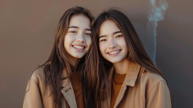 Foto dos mujeres jóvenes sonrientes con prendas de punto posando juntas en el mes del orgullo lgbtq