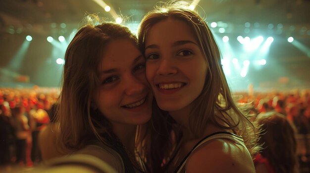 Dos mujeres jóvenes se toman una selfie en un concierto, ambas sonriendo y con los brazos abrazadas.