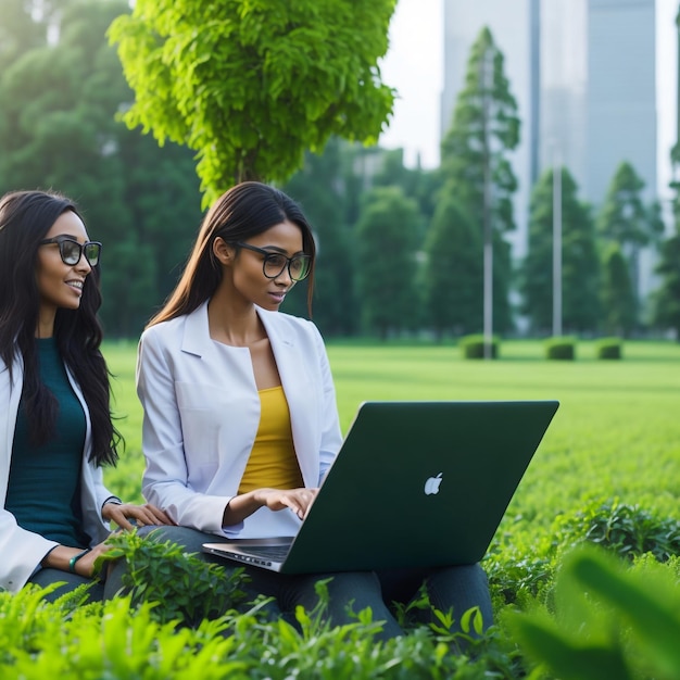 Dos mujeres jóvenes trabajando en la computadora portátil