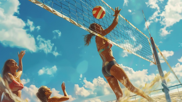 Dos mujeres juegan voleibol de playa bajo un cielo azul con nubes blancas la mujer en primer plano está a punto de golpear la pelota con su mano derecha