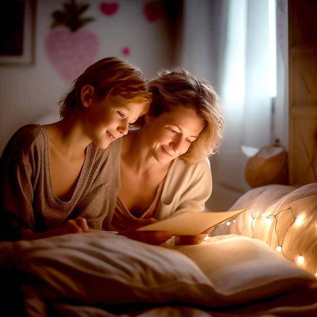 Dos mujeres leen un libro en la cama con un corazón rosa en la pared detrás de ellas.