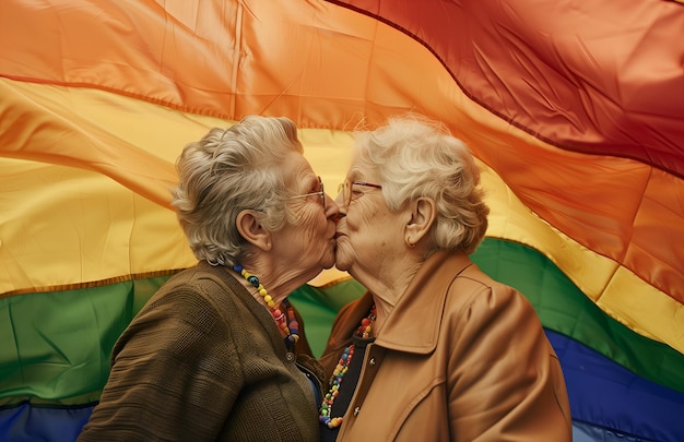 Foto dos mujeres lesbianas mayores se besan con la bandera lgtbiq en el fondo