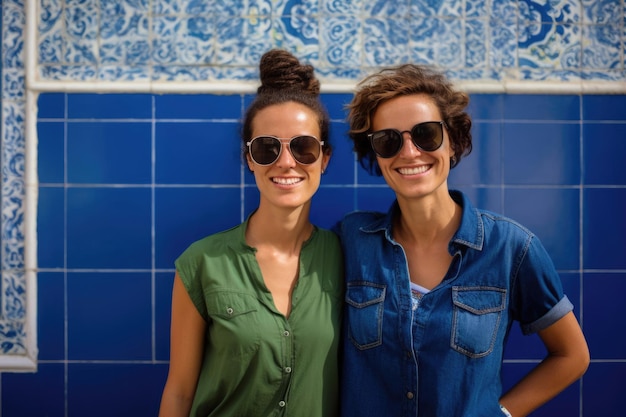 Dos mujeres lesbianas portuguesas cerca de una pared con Azulejos en una calle de la ciudad