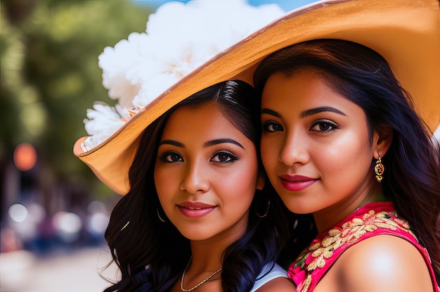 dos mujeres, llevando, un, sombrero grande, y, un, sombrero