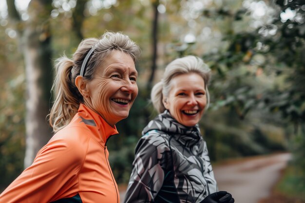 Foto dos mujeres mayores deportivas corriendo juntas en el parque