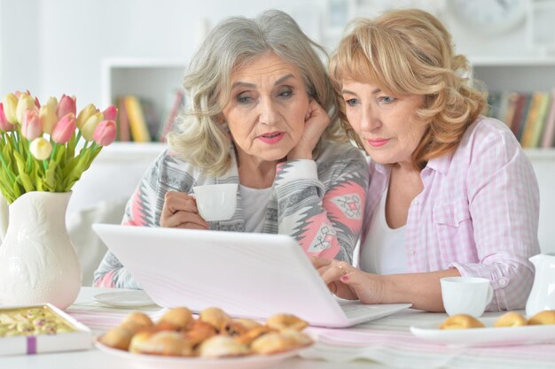 dos mujeres mayores que usan una computadora portátil mientras beben té en la cocina