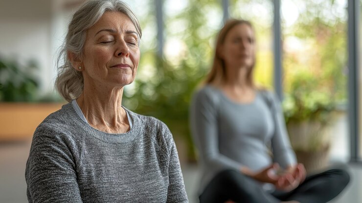 Dos mujeres meditando en un ambiente sereno expresando calma y tranquilidad mujer mayor tiene los ojos cerrados encarnando la paz