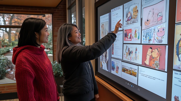 Foto dos mujeres mirando el arte en una gran pantalla