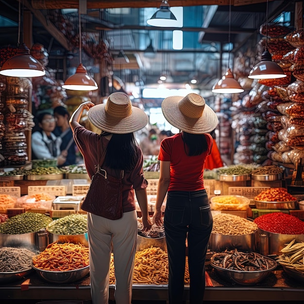 Foto dos mujeres mirando un mercado con una mujer con un sombrero