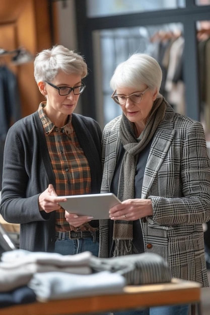 Foto dos mujeres mirando una tableta en una tienda de ropa