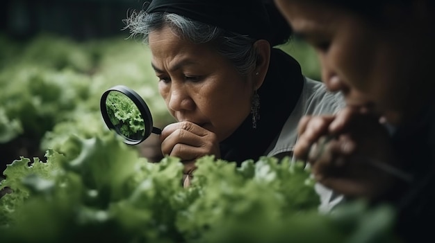 Dos mujeres mirando a través de una lupa para examinar lechuga IA generativa