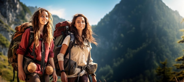 Dos mujeres con mochilas caminando montañas Viajeras Turistas Mochileros Viajes y Aventura