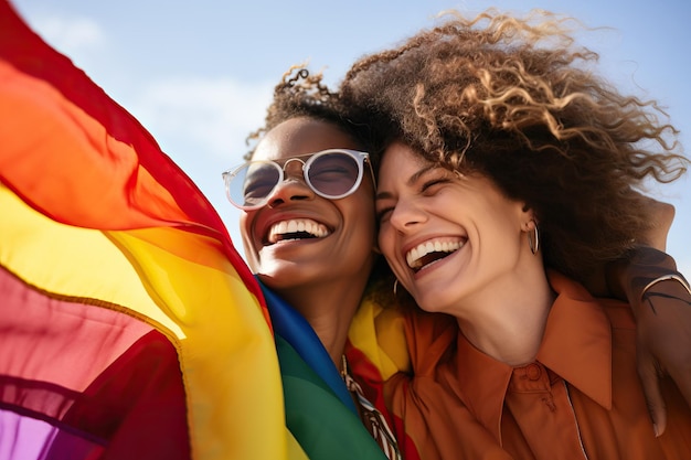 Dos mujeres mostrando con orgullo banderas de arco iris en sus hombros que simbolizan el amor, la diversidad y el orgullo