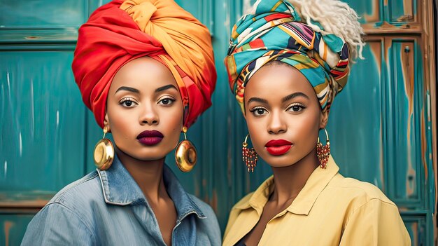 Dos mujeres mulatas jóvenes adultas piel impecable estilo vintage turbantes vibrantes elegancia cautivadora