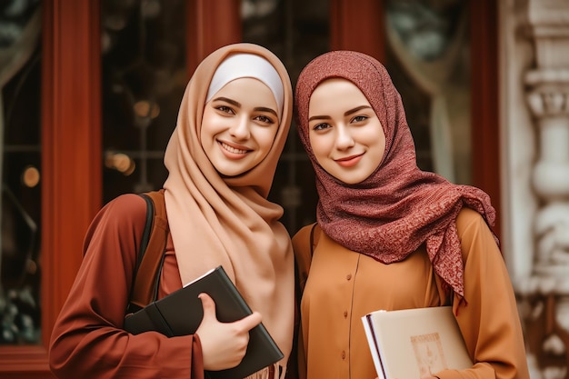 Dos mujeres musulmanas juntas, una con hiyab y la otra con hiyab.