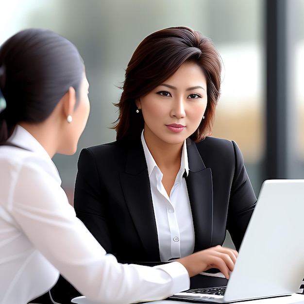 Dos mujeres de negocios discutiendo sobre negocios escribiendo en una computadora portátil generativa.