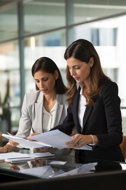 Foto dos mujeres de negocios revisando documentos en la oficina