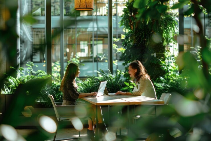 Dos mujeres de negocios trabajando en computadoras portátiles en un espacio de oficina moderno verde rodeado de plantas y luz natural