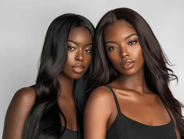 Dos mujeres negras con cabello largo posando para una foto