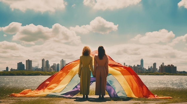 Dos mujeres se paran frente a una bandera del arcoíris que dice arcoíris.