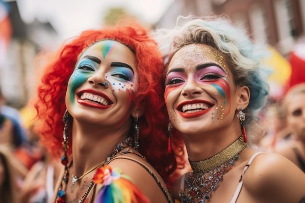 Dos mujeres pelirrojas y arcoíris sonríen y visten un disfraz de arcoíris.