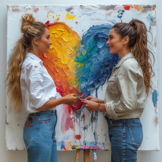 Foto dos mujeres de pie frente a una pintura