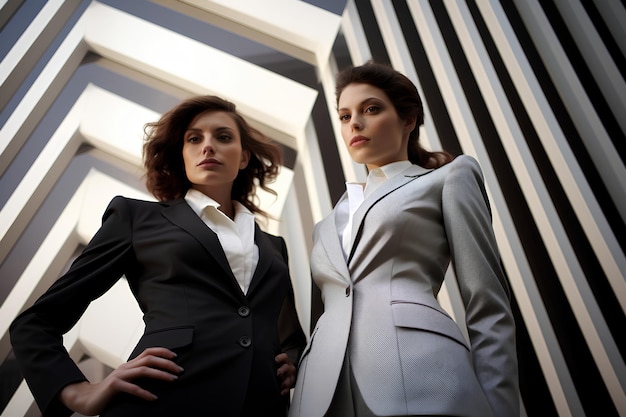 Dos mujeres de pie junto a un edificio en sus trajes de negocios