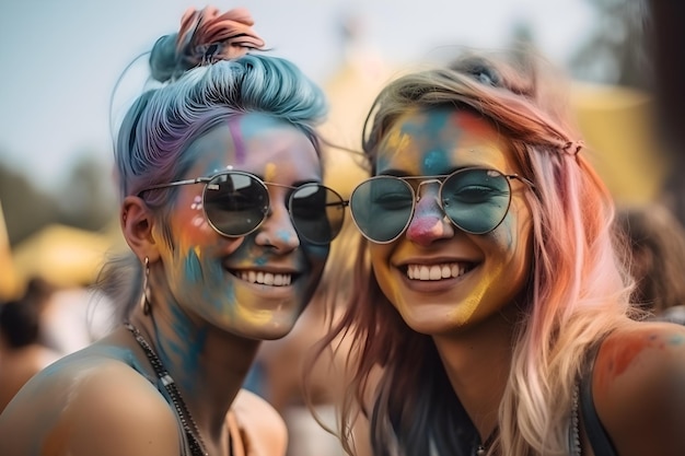 Dos mujeres con pintura facial en la cara están sonriendo en el festival