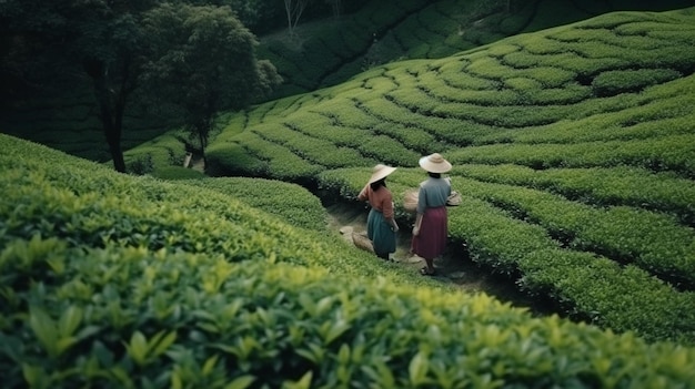 Dos mujeres en la plantación de té Generative Ai