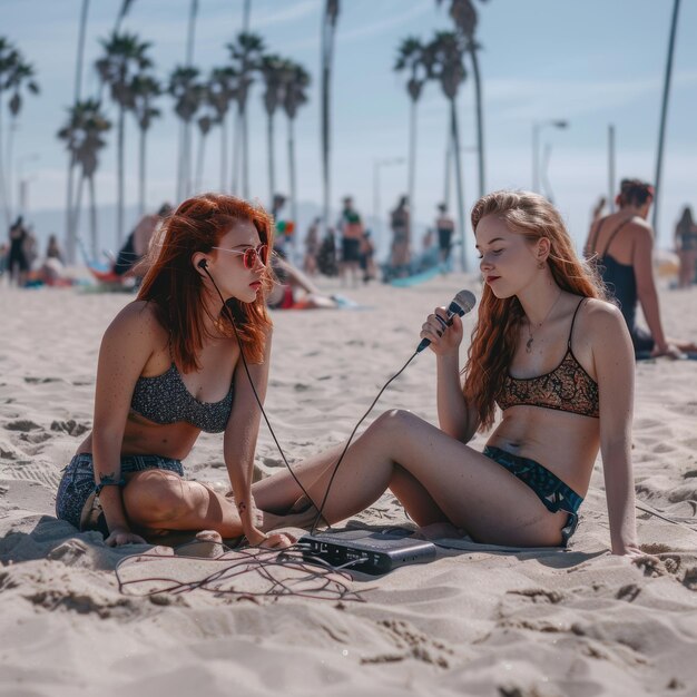 Foto dos mujeres en la playa una con un micrófono en la mano el otro es un micró fono