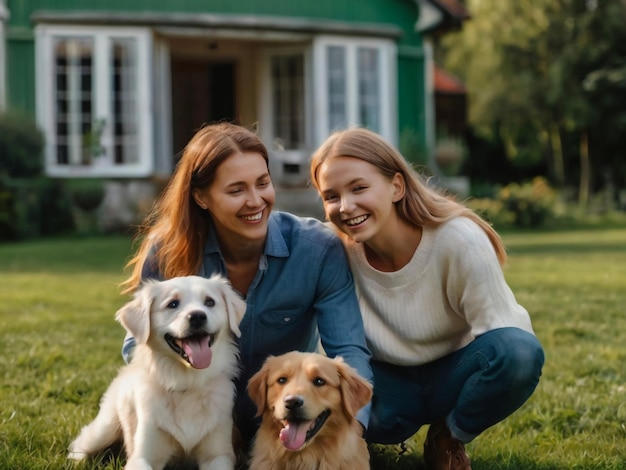 dos mujeres posan con dos perros frente a una casa