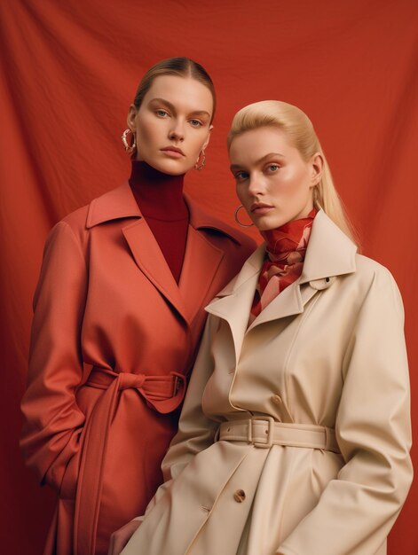 dos mujeres posan frente a un fondo rojo