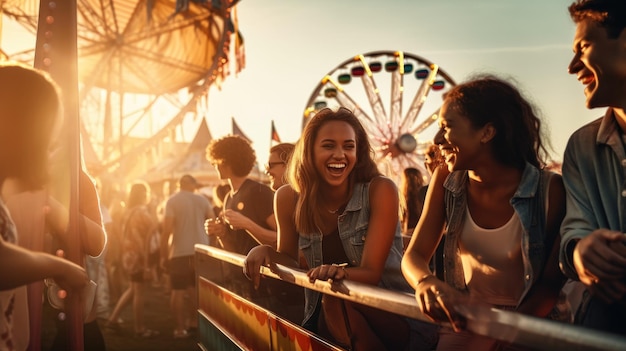 Dos mujeres ríen y sonríen mientras están de pie frente a una rueda de la fortuna en una feria.