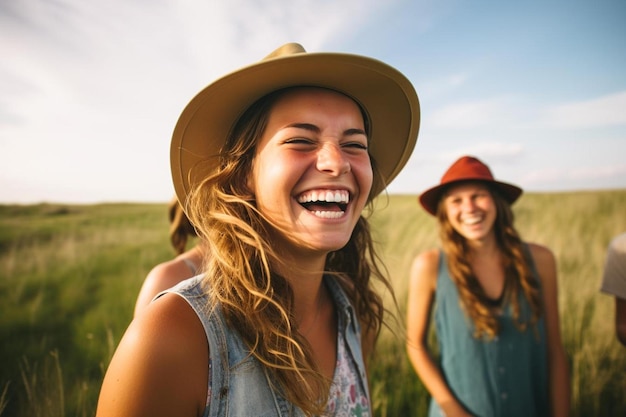 dos mujeres riendo en un campo de hierba alta