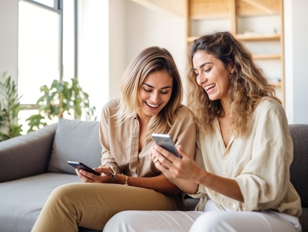 Dos mujeres riendo y compartiendo contenido en el teléfono inteligente en casa
