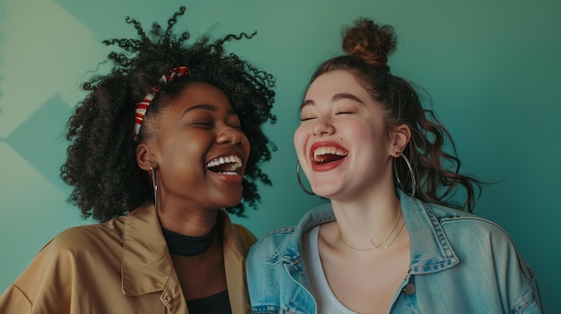 Dos mujeres riendo frente a la pared azul