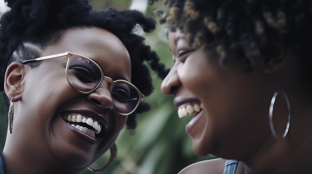Dos mujeres riendo y riendo, una de ellas tiene una gran sonrisa en su rostro.