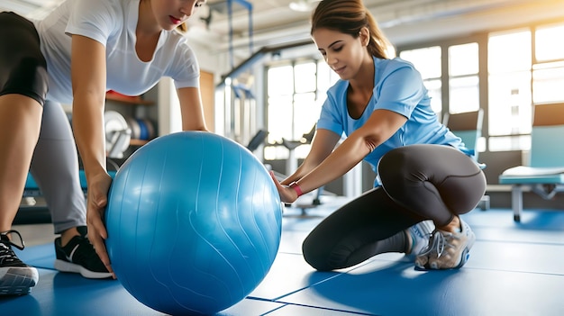 Dos mujeres con ropa deportiva están haciendo ejercicio con una pelota de ejercicio azul en un gimnasio. Ambos están arrodillados en el suelo y tienen la pelota entre ellos.