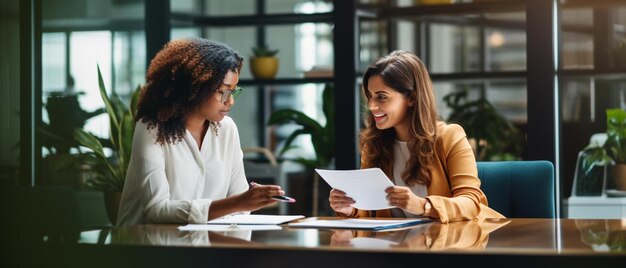 dos mujeres sentadas en una mesa una leyendo un periódico con otra mujer leyendo un papel