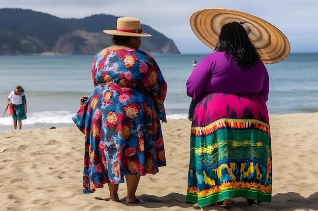 Dos mujeres sentadas en la playa y una con sombrero.