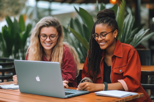 Dos mujeres se sientan en una mesa, una de ellas usa anteojos y la otra mira una computadora portátil