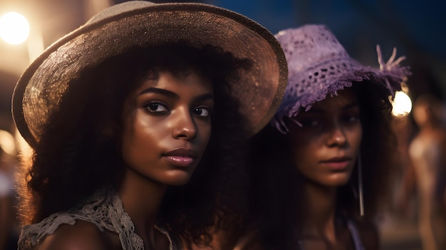 Dos mujeres con sombreros están sentadas en fila.