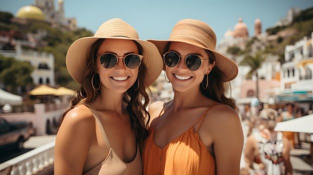 Dos mujeres con sombreros y trajes de baño posando para una fotografía IA generativa