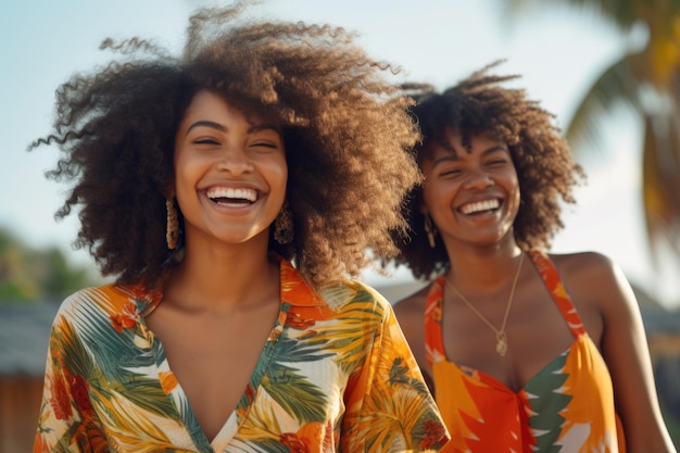 Dos mujeres son capturadas en un momento de alegría mientras sonríen y ríen en una hermosa playa