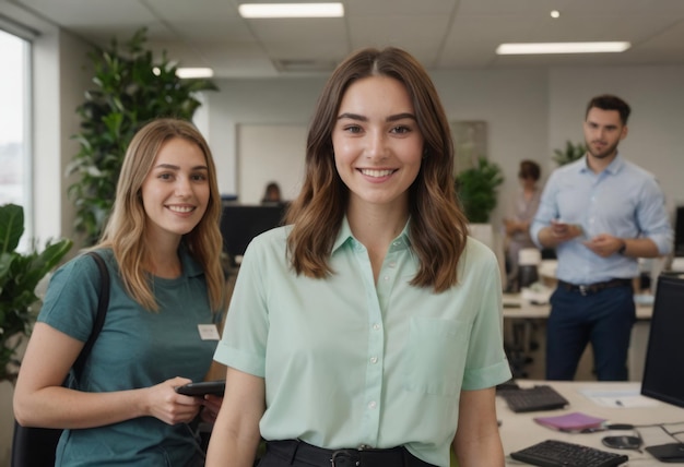 Dos mujeres sonríen a la cámara en una bulliciosa oficina que irradia amabilidad y profesionalismo