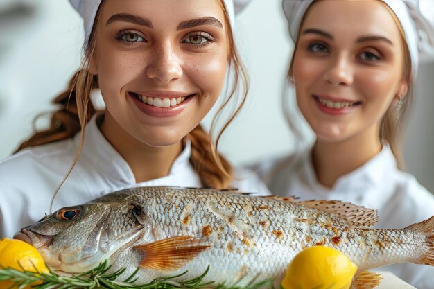 Foto dos mujeres sonriendo con un pez y limones en su plato