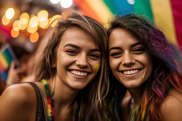 dos mujeres, sonriente, en, un, colorido, fiesta