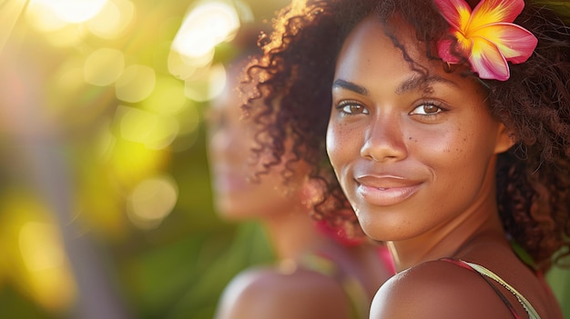 Dos mujeres sonrientes rodeadas de flora tropical