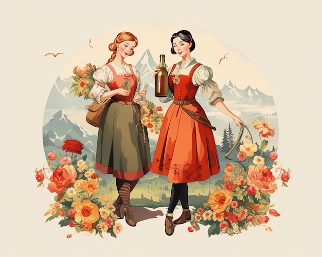 dos mujeres sosteniendo una cerveza con un jarrón en el suelo al estilo de ilustraciones de cuentos de hadas